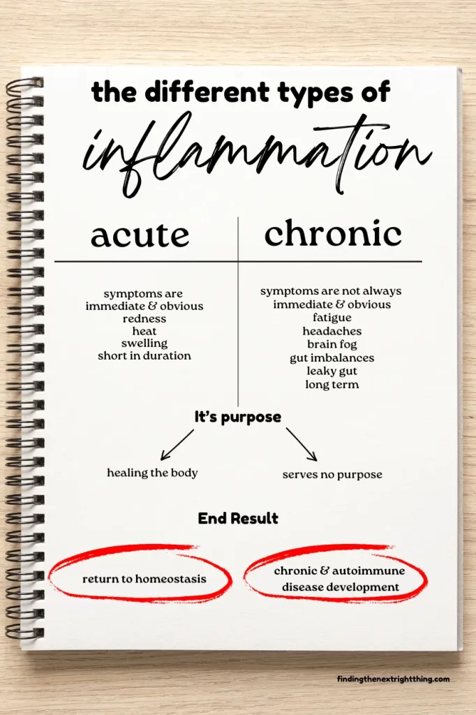 Picture of a notebook contrasting acute inflammation, a natural and helpful response, and chronic inflammation, harmful to our bodies