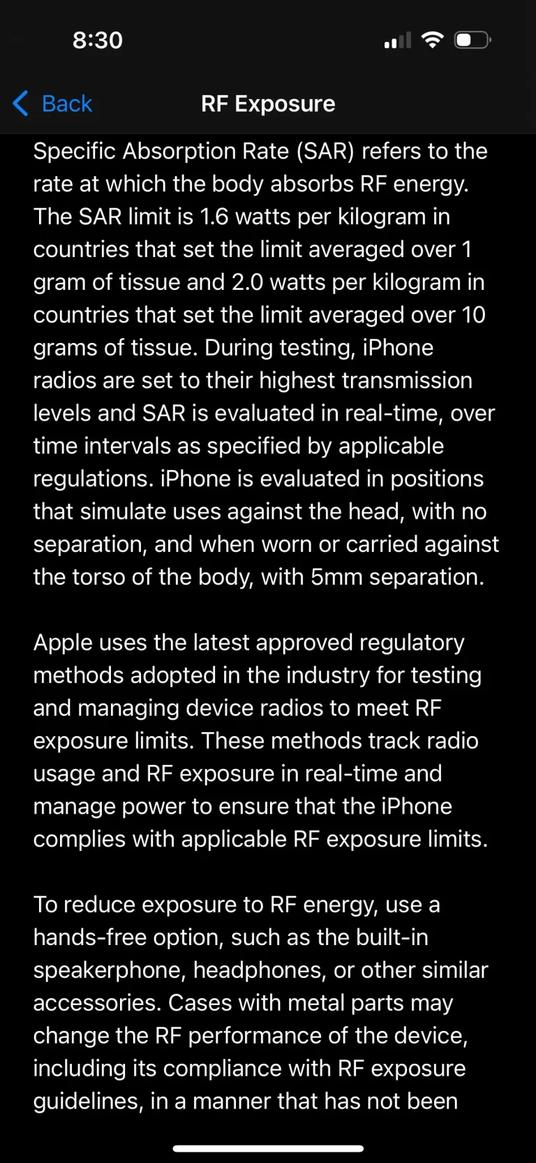 Screenshot of Apple iPhone RF Exposure warning about radiofrequency absorption and safety recommendations