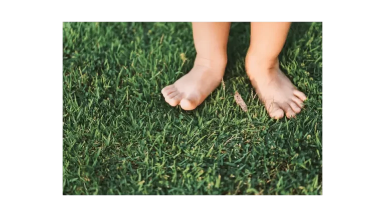 Barefoot child standing on green grass during grounding practice