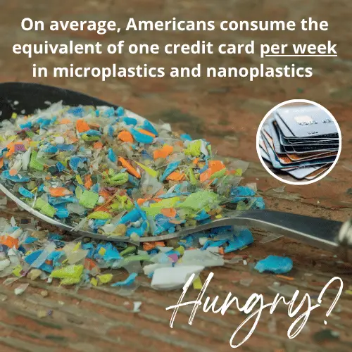 Spoonful of colorful microplastics with text: “On average, Americans consume the equivalent of one credit card per week in microplastics and nanoplastics”