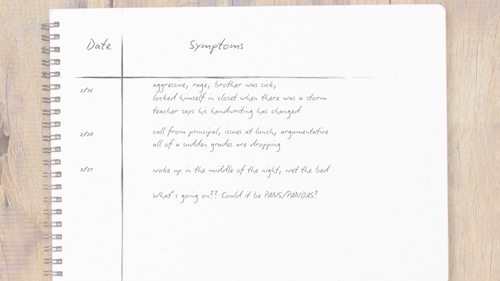 Handwritten symptom log in a notebook with dates and notes showing aggression, rage, handwriting changes, bedwetting, academic issues, and sudden behavioral changes—common signs of PANS/PANDAS.