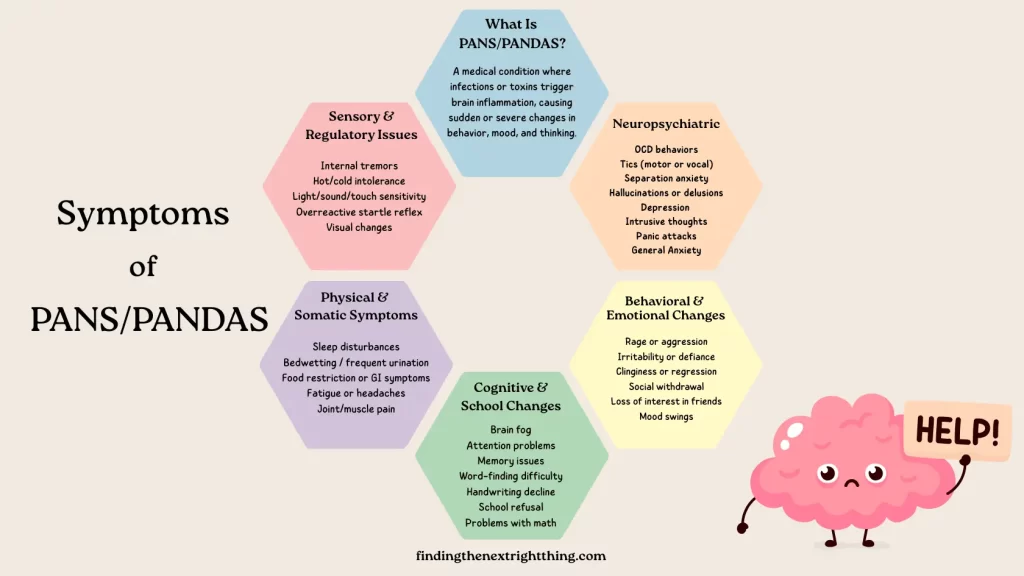 Graphic listing common symptoms of PANDAS and PANS including neuropsychiatric, behavioral, sensory, cognitive, and physical changes in children.”
