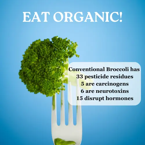 A fork holding a piece of broccoli with text about pesticide residues found in conventional broccoli.